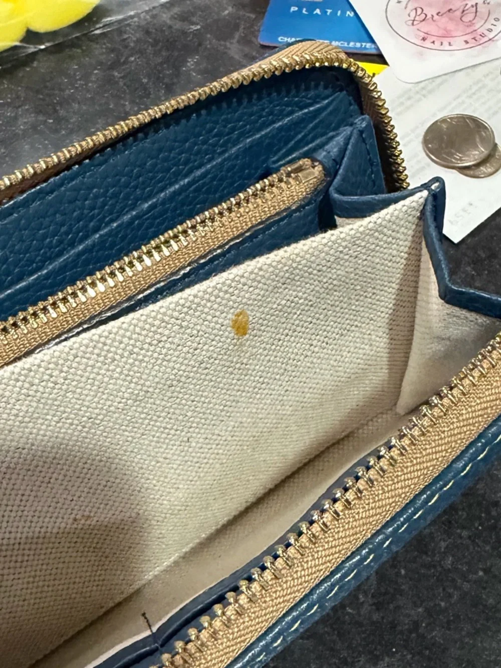 Dooney & Bourke Navy Pebbled Leather Zip Wallet with Brown Patch - Picture 7 of 11